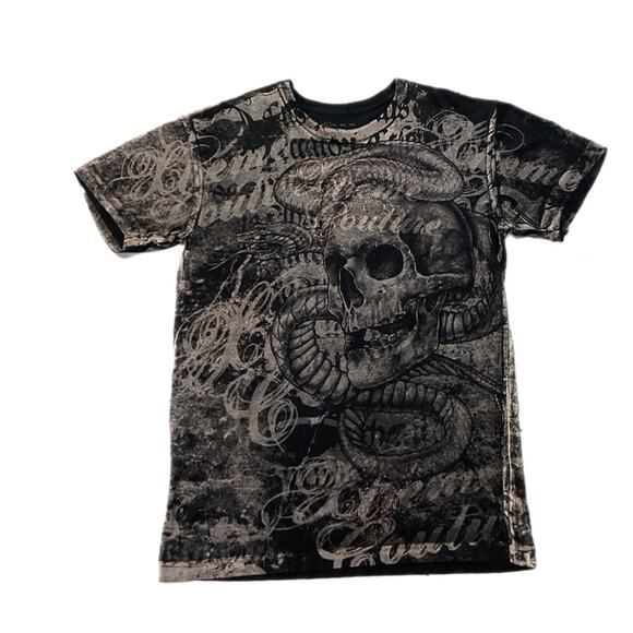 Extreme Couture Black Skeleton Snake Allover Print T-Shirt - Picture 1 of 9